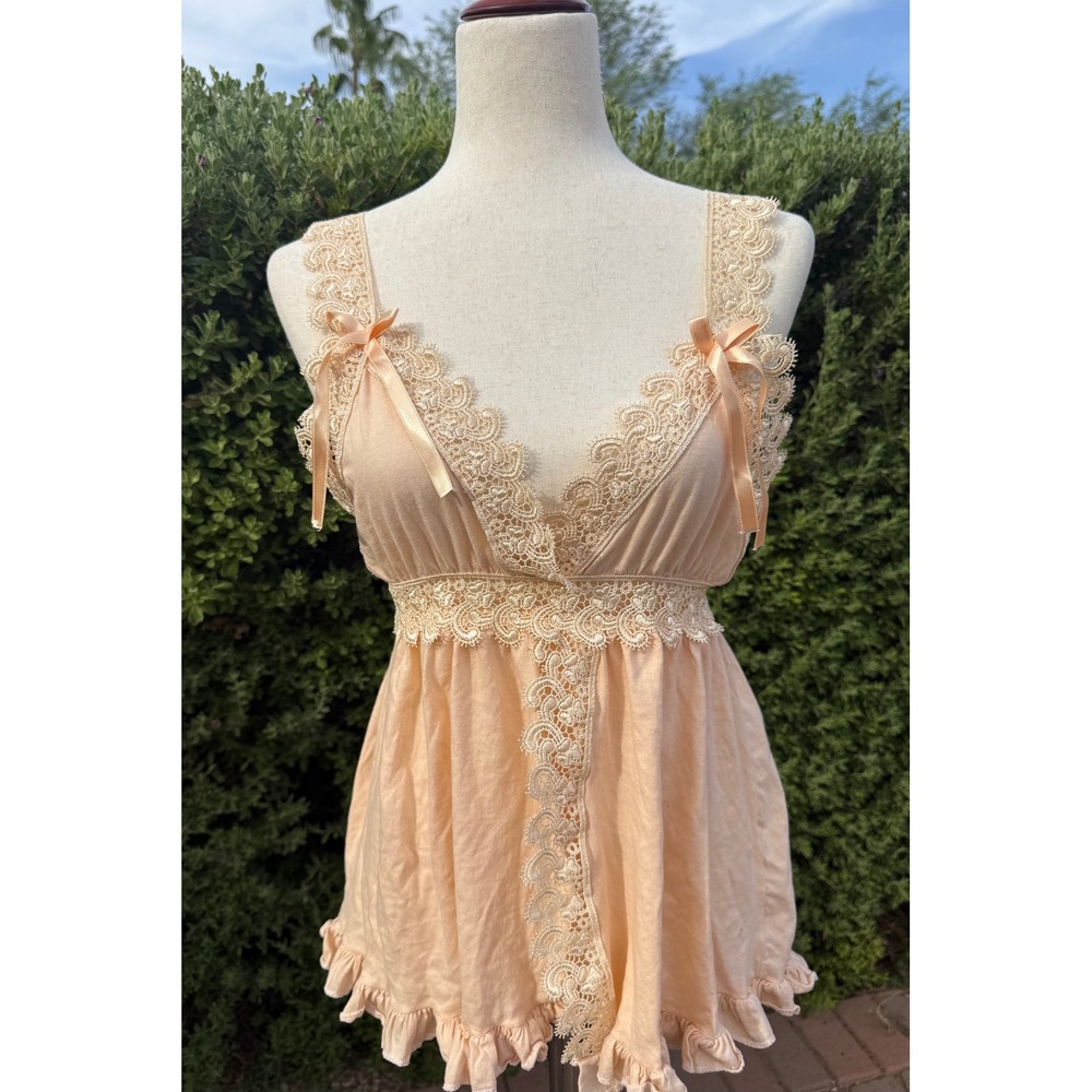 Koza Vintage Peach Lace Trim Babydoll Camisole Cami Top Coquette Cottagecore S